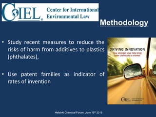 • Study recent measures to reduce the
risks of harm from additives to plastics
(phthalates),
• Use patent families as indicator of
rates of invention
Methodology
Helsinki Chemical Forum, June 15th 2018
 