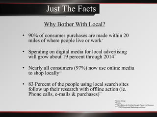 Just The Facts
          Why Bother With Local?
• 90% of consumer purchases are made within 20
  miles of where people live or work   *




• Spending on digital media for local advertising
                                            **
  will grow about 19 percent through 2014

• Nearly all consumers (97%) now use online media
  to shop locally***




• 83 Percent of the people using local search sites
  follow up their research with offline action (ie.
  Phone calls, e-mails & purchases) ****



                                            *Kelsey Group
                                            **Clickz
                                            ***BIA/Kelsey & ConStat/Google Places For Business
                                            ****TMP Directional Marketing/comScore
 