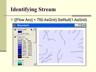 Identifying Stream ([Flow Acc] < 750.AsGrid).SetNull(1.AsGrid) 