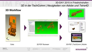Seite 32
06.05.2015
3D-DAY 2015 in Friedrichshafen
3D in der TechComm | Neuigkeiten von Adobe und Tetra4D
3D Workflow
Catia 3D PDF Reviewer 3D-PDF | TechComm | Mobile
 