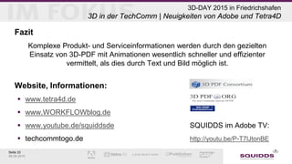 Seite 33
06.05.2015
3D-DAY 2015 in Friedrichshafen
3D in der TechComm | Neuigkeiten von Adobe und Tetra4D
Fazit
Komplexe Produkt- und Serviceinformationen werden durch den gezielten
Einsatz von 3D-PDF mit Animationen wesentlich schneller und effizienter
vermittelt, als dies durch Text und Bild möglich ist.
Website, Informationen:
 www.tetra4d.de
 www.WORKFLOWblog.de
 www.youtube.de/squiddsde SQUIDDS im Adobe TV:
 techcommtogo.de http://youtu.be/P-T7lJtonBE
 