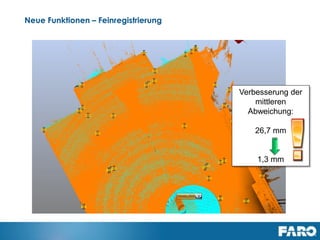 Revised: 01 July 2013 © 2013 FARO | EU-EU-04REF101-017
Improved Visualisation – Color Balancing
SCENE 5.1.x SCENE 5.2
Left: 3D view without color balancing; Right: 3D view with color balancing applied during the creation of the project point cloud
 