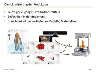 Demokratisierung der Produktion

• Günstiger Zugang zu Produktionsmitteln
• Einfachheit in der Bedienung
• Brauchbarkeit der verfügbaren Modelle, Materialien




© HanCon.ch, 2013                                      p. 8
 