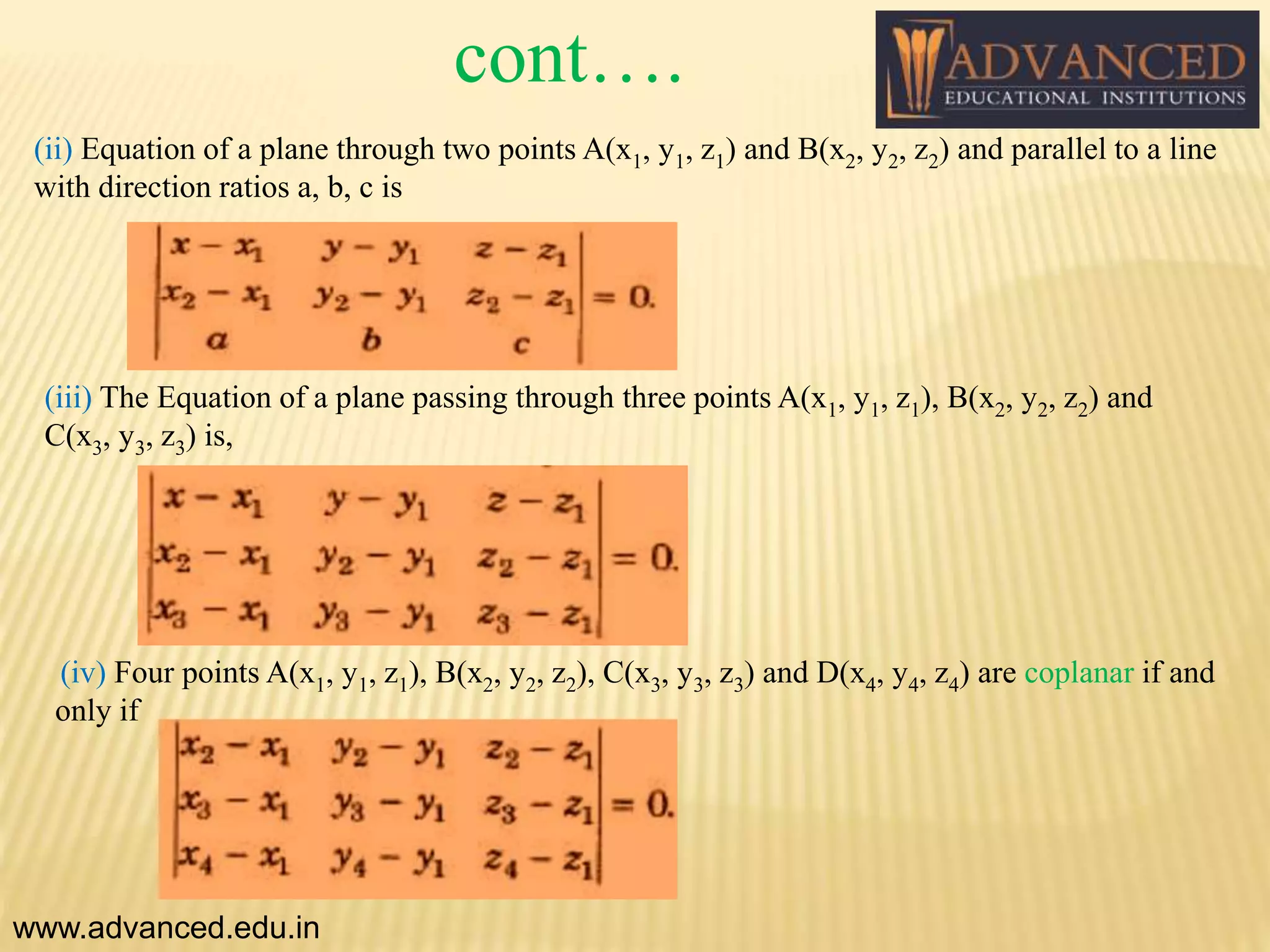 (ii) Equation of a plane through two points A(x1, y1, z1) and B(x2, y2, z2) and parallel to a line
with direction ratios a, b, c is
(iii) The Equation of a plane passing through three points A(x1, y1, z1), B(x2, y2, z2) and
C(x3, y3, z3) is,
www.advanced.edu.in
(iv) Four points A(x1, y1, z1), B(x2, y2, z2), C(x3, y3, z3) and D(x4, y4, z4) are coplanar if and
only if
cont….
 