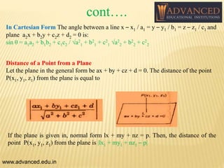 In Cartesian Form The angle between a line x – x1 / a1 = y – y1 / b1 = z – z1 / c1 and
plane a2x + b2y + c2z + d2 = 0 is:
sin θ = a1a2 + b1b2 + c1c2 / √a2
1 + b2
1 + c2
1 √a2
2 + b2
2 + c2
2
Distance of a Point from a Plane
Let the plane in the general form be ax + by + cz + d = 0. The distance of the point
P(x1, y1, z1) from the plane is equal to
If the plane is given in, normal form lx + my + nz = p. Then, the distance of the
point P(x1, y1, z1) from the plane is |lx1 + my1 + nz1 – p|
www.advanced.edu.in
cont….
 