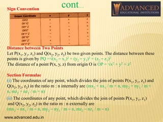 Distance between Two Points
Let P(x1, y1, z1) and Q(x2, y2, z2) be two given points. The distance between these
points is given by PQ =√(x2 – x1)2 + (y2 – y1)2 + (z2 – z1)2
The distance of a point P(x, y, z) from origin O is OP = √x2 + y2 + z2
Section Formulae
(i) The coordinates of any point, which divides the join of points P(x1, y1, z1) and
Q(x2, y2, z2) in the ratio m : n internally are (mx2 + nx1 / m + n, my2 + ny1 / m +
n, mz2 + nz1 / m + n)
(ii) The coordinates of any point, which divides the join of points P(x1, y1, z1)
and Q(x2, y2, z2) in the ratio m : n externally are
(mx2 – nx1 / m – n, my2 – ny1 / m – n, mz2 – nz1 / m – n)
www.advanced.edu.in
Sign Convention
cont….
 