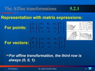 The   Affine transformations  5.2.1 Representation with matrix expressions: For points: For vectors:  For affine transformation, the third row is always (0, 0, 1).  