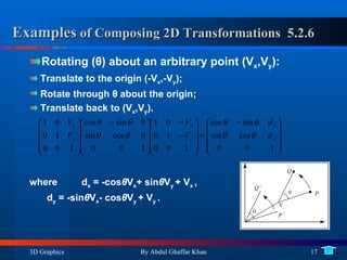 Examples  of Composing 2D Transformations  5.2.6   Rotating ( θ)  about an arbitrary point (V x ,V y ):  Translate to the origin (-V x ,-V y );  Rotate through  θ  about the origin;  Translate back to (V x ,V y ). where d x  = -cos θ V x + sin θ V y  + V x  , d y  = -sin θ V x - cos θ V y  + V y  . 