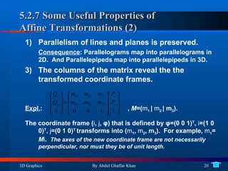 5.2.7 Some Useful Properties of  Affine Transformations (2) Parallelism of lines and planes is preserved. Consequence : Parallelograms map into parallelograms in 2D.  And Parallelepipeds map into parallelepipeds in 3D. The columns of the matrix reveal the the transformed coordinate frames. Expl. : ,  M =( m 1  |  m 2  | m 3 ).  The coordinate frame ( i ,  j ,  φ ) that is defined by  φ=(0 0 1) T ,  i =(1 0 0) T ,  j =(0 1 0) T  transforms into  ( m 1 ,  m 2 , m 3 ).  For example,  m 1 =  M i .  The axes of the new coordinate frame are not necessarily perpendicular, nor must they be of unit length . 