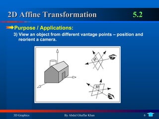 2D Affine Transformation 5.2 Purpose / Applications:  3) View an object from different vantage points – position and reorient a camera. 