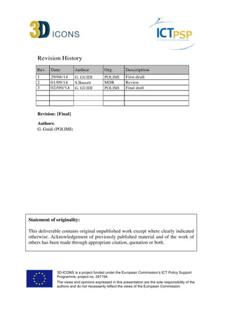 Revision History 
Rev. Date Author Org. Description 
1 29/08/14 G. GUIDI POLIMI First draft 
2 01/09/14 S.Bassett MDR Review 
3 02/09/14 G. GUIDI POLIMI Final draft 
Revision: [Final] 
Authors: 
G. Guidi (POLIMI) 
Statement of originality: 
This deliverable contains original unpublished work except where clearly indicated 
otherwise. Acknowledgement of previously published material and of the work of 
others has been made through appropriate citation, quotation or both. 
3D-ICONS is a project funded under the European Commission’s ICT Policy Support 
Programme, project no. 297194. 
The views and opinions expressed in this presentation are the sole responsibility of the 
authors and do not necessarily reflect the views of the European Commission. 
 