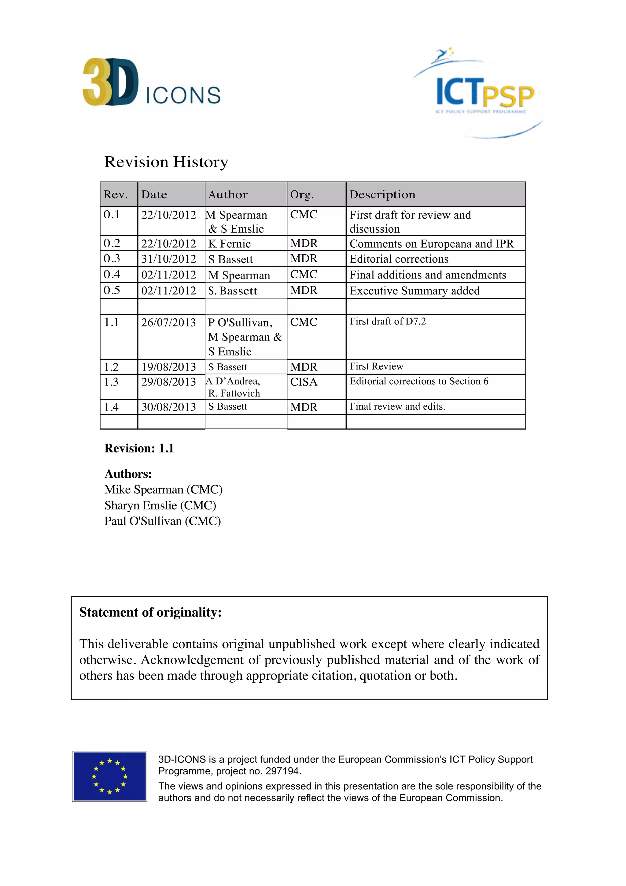 Revision History 
Rev. Date Author Org. Description 
0.1 22/10/2012 M Spearman 
& S Emslie 
CMC First draft for review and 
discussion 
0.2 22/10/2012 K Fernie MDR Comments on Europeana and IPR 
0.3 31/10/2012 S Bassett MDR Editorial corrections 
0.4 02/11/2012 M Spearman CMC Final additions and amendments 
0.5 02/11/2012 S. Bassett MDR Executive Summary added 
1.1 26/07/2013 P O'Sullivan, 
M Spearman & 
S Emslie 
CMC First draft of D7.2 
1.2 19/08/2013 S Bassett MDR First Review 
1.3 29/08/2013 A D’Andrea, 
R. Fattovich 
CISA Editorial corrections to Section 6 
1.4 30/08/2013 S Bassett MDR Final review and edits. 
Revision: 1.1 
Authors: 
Mike Spearman (CMC) 
Sharyn Emslie (CMC) 
Paul O'Sullivan (CMC) 
Statement of originality: 
This deliverable contains original unpublished work except where clearly indicated 
otherwise. Acknowledgement of previously published material and of the work of 
others has been made through appropriate citation, quotation or both. 
3D-ICONS is a project funded under the European Commission’s ICT Policy Support 
Programme, project no. 297194. 
The views and opinions expressed in this presentation are the sole responsibility of the 
authors and do not necessarily reflect the views of the European Commission. 
 