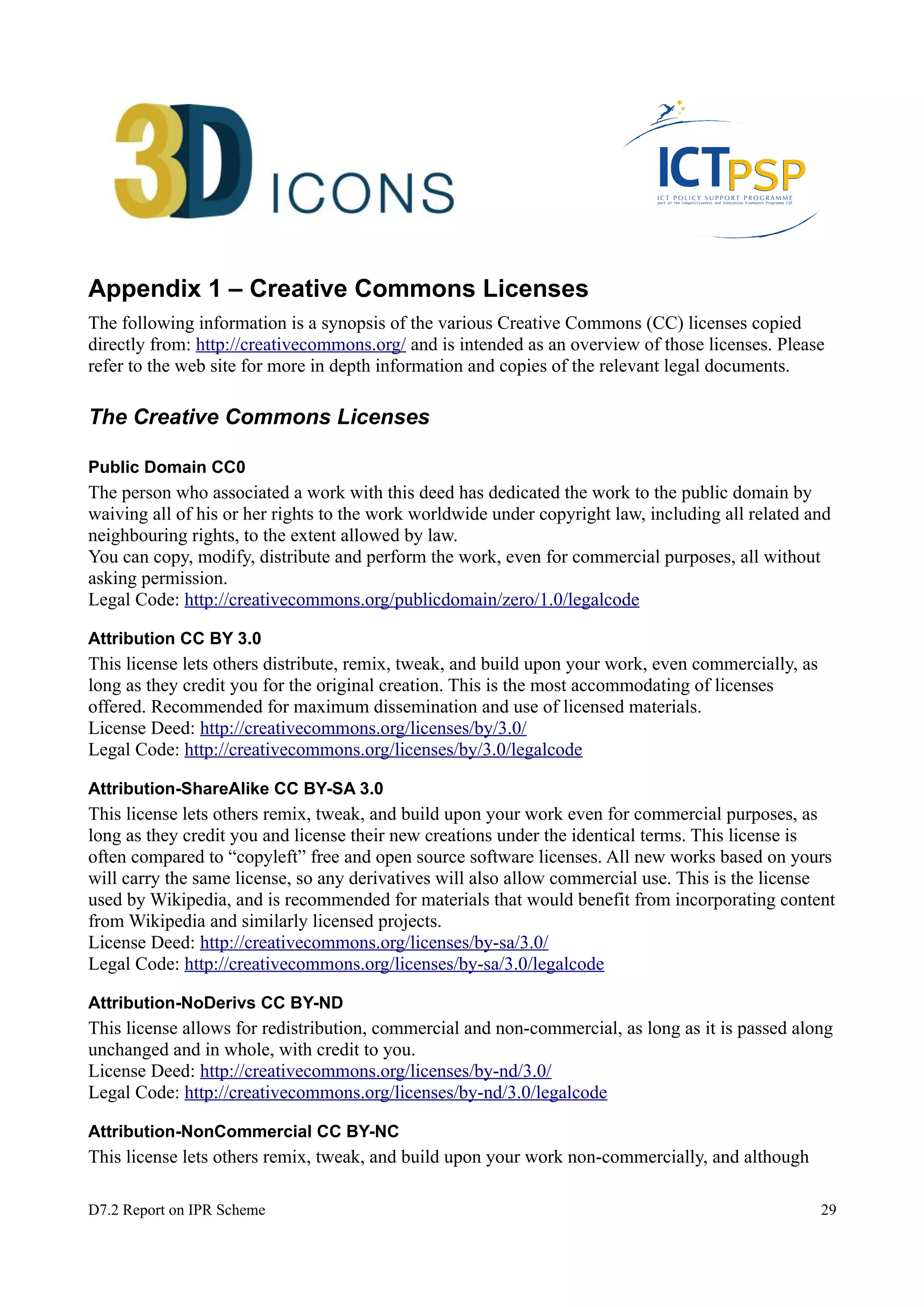 Appendix 1 – Creative Commons Licenses 
The following information is a synopsis of the various Creative Commons (CC) licenses copied 
directly from: http://creativecommons.org/ and is intended as an overview of those licenses. Please 
refer to the web site for more in depth information and copies of the relevant legal documents. 
The Creative Commons Licenses 
Public Domain CC0 
The person who associated a work with this deed has dedicated the work to the public domain by 
waiving all of his or her rights to the work worldwide under copyright law, including all related and 
neighbouring rights, to the extent allowed by law. 
You can copy, modify, distribute and perform the work, even for commercial purposes, all without 
asking permission. 
Legal Code: http://creativecommons.org/publicdomain/zero/1.0/legalcode 
Attribution CC BY 3.0 
This license lets others distribute, remix, tweak, and build upon your work, even commercially, as 
long as they credit you for the original creation. This is the most accommodating of licenses 
offered. Recommended for maximum dissemination and use of licensed materials. 
License Deed: http://creativecommons.org/licenses/by/3.0/ 
Legal Code: http://creativecommons.org/licenses/by/3.0/legalcode 
Attribution-ShareAlike CC BY-SA 3.0 
This license lets others remix, tweak, and build upon your work even for commercial purposes, as 
long as they credit you and license their new creations under the identical terms. This license is 
often compared to “copyleft” free and open source software licenses. All new works based on yours 
will carry the same license, so any derivatives will also allow commercial use. This is the license 
used by Wikipedia, and is recommended for materials that would benefit from incorporating content 
from Wikipedia and similarly licensed projects. 
License Deed: http://creativecommons.org/licenses/by-sa/3.0/ 
Legal Code: http://creativecommons.org/licenses/by-sa/3.0/legalcode 
Attribution-NoDerivs CC BY-ND 
This license allows for redistribution, commercial and non-commercial, as long as it is passed along 
unchanged and in whole, with credit to you. 
License Deed: http://creativecommons.org/licenses/by-nd/3.0/ 
Legal Code: http://creativecommons.org/licenses/by-nd/3.0/legalcode 
Attribution-NonCommercial CC BY-NC 
This license lets others remix, tweak, and build upon your work non-commercially, and although 
D7.2 Report on IPR Scheme 29 
 