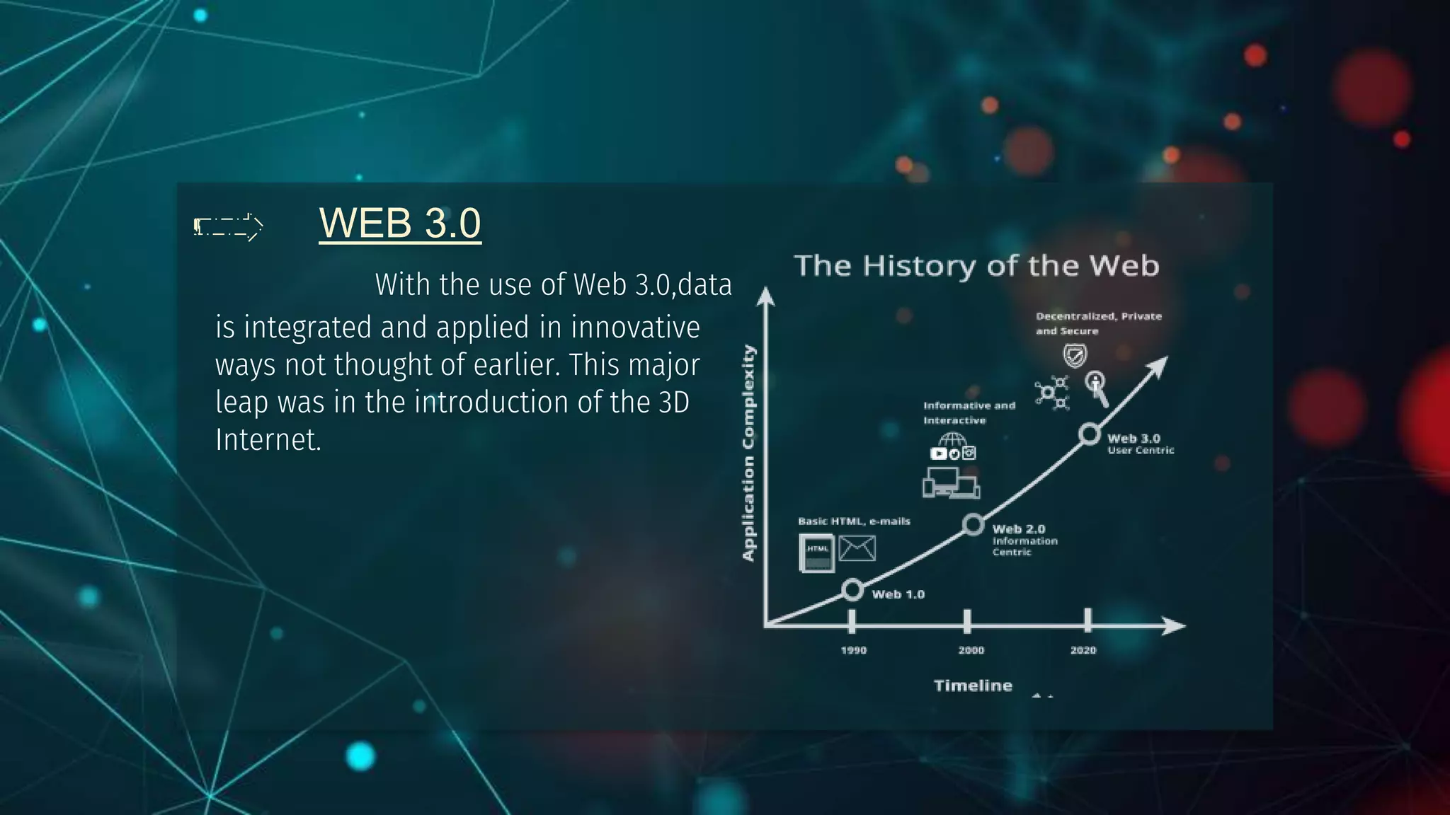 WEB 3.0
With the use of Web 3.0,data
is integrated and applied in innovative
ways not thought of earlier. This major
leap was in the introduction of the 3D
Internet.
 
