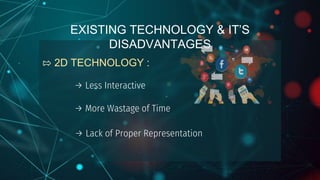 ⇰ 2D TECHNOLOGY :
→ Less Interactive
→ More Wastage of Time
→ Lack of Proper Representation
EXISTING TECHNOLOGY & IT’S
DISADVANTAGES
 