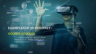 EXAMPLES OF 3D INTERNET :
GOOGLE GOGGLES
Anyone Putting “THE GOGGLES” Will be
Immersed in a 3D “STEREO-VISION” Virtual
Reality called 3D Life
 