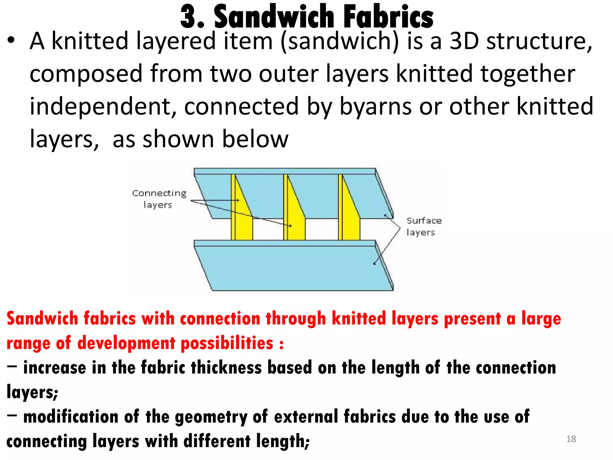 3. Sandwich Fabrics
• A knitted layered item (sandwich) is a 3D structure,
composed from two outer layers knitted together
independent, connected by byarns or other knitted
layers, as shown below
18
Sandwich fabrics with connection through knitted layers present a large
range of development possibilities :
− increase in the fabric thickness based on the length of the connection
layers;
− modification of the geometry of external fabrics due to the use of
connecting layers with different length;
 
