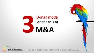 3

’D-man model
For analysis of

M&A

Cell: +972-54-4536568 | Fax: +972-9-7417607 | Email: yair@friedman.org.il

1

 