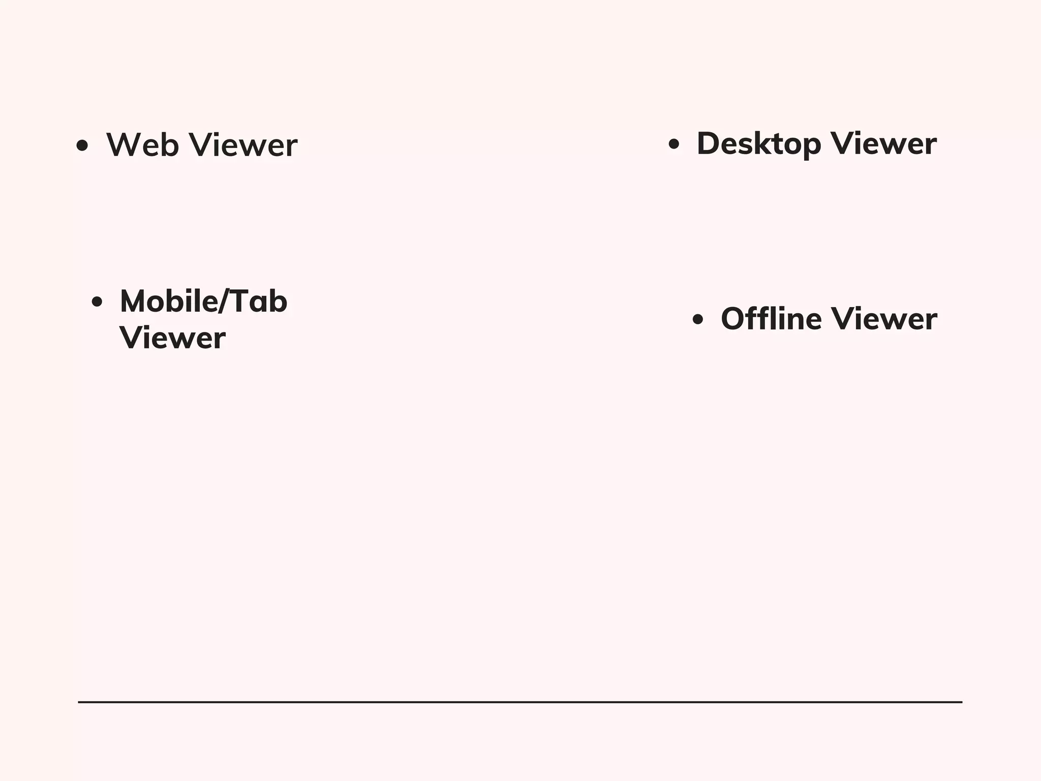 Web Viewer
Mobile/Tab
Viewer​
Desktop Viewer
Offline Viewer​
 