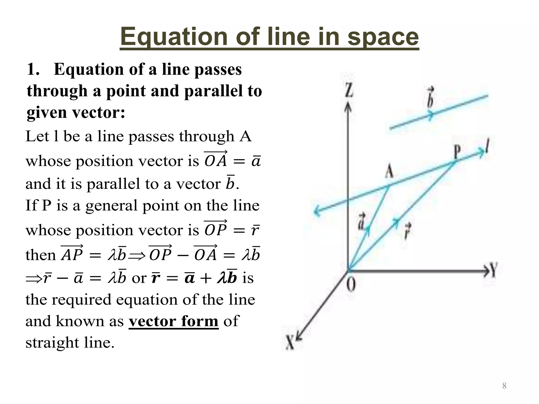 Equation of line in space
1. Equation of a line passes
through a point and parallel to
given vector:
Let l be a line passes through A
whose position vector is 𝑂𝐴 = 𝑎
and it is parallel to a vector 𝑏.
If P is a general point on the line
whose position vector is 𝑂𝑃 = 𝑟
then 𝐴𝑃 = 𝑏 𝑂𝑃 − 𝑂𝐴 = 𝑏
𝑟 − 𝑎 = 𝑏 or 𝒓 = 𝒂 + 𝒃 is
the required equation of the line
and known as vector form of
straight line.
8
 