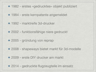 1982 - erstes »gedrucktes« objekt publiziert

1984 - erste kernpatente angemeldet

1992 - marktreife 3d-drucker

2002 - funktionsfähige niere gedruckt

2005 - gründung von reprap

2008 - shapeways bietet markt für 3d-modelle

2009 - erste DIY drucker am markt

2014 - gedruckte ﬂugzeugteile im einsatz

 