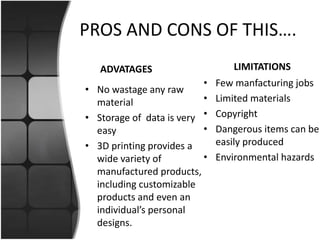 PROS AND CONS OF THIS….
ADVATAGES
• No wastage any raw
material
• Storage of data is very
easy
• 3D printing provides a
wide variety of
manufactured products,
including customizable
products and even an
individual’s personal
designs.
LIMITATIONS
• Few manfacturing jobs
• Limited materials
• Copyright
• Dangerous items can be
easily produced
• Environmental hazards