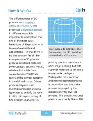 How it Works
The diﬀerent types of 3D
printers each employ a
diﬀerent technology that
processes diﬀerent materials
in diﬀerent ways. It is
important to understand that
one of the most basic
limitations of 3D printing — in
terms of materials and
applications — is that there is
no ‘one solution ﬁts all’. For
example some 3D printers
process powdered materials
(nylon, plastic, ceramic, metal),
which utilize a light/heat
source to sinter/melt/fuse
layers of the powder together
in the deﬁned shape. Others
process polymer resin
materials and again utilize a
light/laser to solidify the resin
in ultra thin layers. Jetting of
ﬁne droplets is another 3D
printing process, reminiscent
of 2D inkjet printing, but with
superior materials to ink and a
binder to ﬁx the layers.
Perhaps the most common
and easily recognized process
is deposition, and this is the
process employed by the
majority of entry-level 3D
printers. This process extrudes
plastics, commonly PLA or ABS,
Start with a 3D CAD file either
by creating the 3D model or
scanned with a 3D scanner
!21 3dprintingindustry.com
 