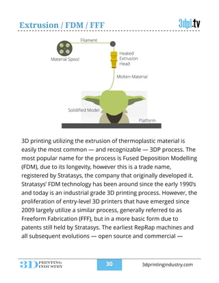 Extrusion / FDM / FFF
3D printing utilizing the extrusion of thermoplastic material is
easily the most common — and recognizable — 3DP process. The
most popular name for the process is Fused Deposition Modelling
(FDM), due to its longevity, however this is a trade name,
registered by Stratasys, the company that originally developed it.
Stratasys’ FDM technology has been around since the early 1990’s
and today is an industrial grade 3D printing process. However, the
proliferation of entry-level 3D printers that have emerged since
2009 largely utilize a similar process, generally referred to as
Freeform Fabrication (FFF), but in a more basic form due to
patents still held by Stratasys. The earliest RepRap machines and
all subsequent evolutions — open source and commercial —
!30 3dprintingindustry.com
 