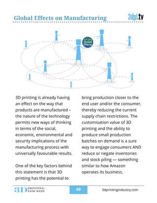 Global Effects on Manufacturing
3D printing is already having
an eﬀect on the way that
products are manufactured –
the nature of the technology
permits new ways of thinking
in terms of the social,
economic, environmental and
security implications of the
manufacturing process with
universally favourable results.
!
One of the key factors behind
this statement is that 3D
printing has the potential to
bring production closer to the
end user and/or the consumer,
thereby reducing the current
supply chain restrictions. The
customisation value of 3D
printing and the ability to
produce small production
batches on demand is a sure
way to engage consumers AND
reduce or negate inventories
and stock piling — something
similar to how Amazon
operates its business.
!49 3dprintingindustry.com
 