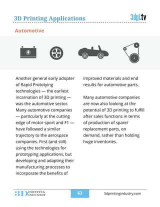 3D Printing Applications
Another general early adopter
of Rapid Prototying
technologies — the earliest
incarnation of 3D printing —
was the automotive sector.
Many automotive companies
— particularly at the cutting
edge of motor sport and F1 —
have followed a similar
trajectory to the aerospace
companies. First (and still)
using the technologies for
prototyping applications, but
developing and adapting their
manufacturing processes to
incorporate the beneﬁts of
improved materials and end
results for automotive parts.
!
Many automotive companies
are now also looking at the
potential of 3D printing to fulﬁll
after sales functions in terms
of production of spare/
replacement parts, on
demand, rather than holding
huge inventories.
Automotive
!63 3dprintingindustry.com
 