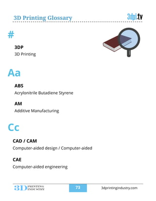 3D Printing Glossary
#
3DP
!
3D Printing
Aa
ABS
!
Acrylonitrile Butadiene Styrene
AM
!
Additive Manufacturing
!
Cc
CAD / CAM
!
Computer-aided design / Computer-aided
CAE
!
Computer-aided engineering
!
!73 3dprintingindustry.com
 