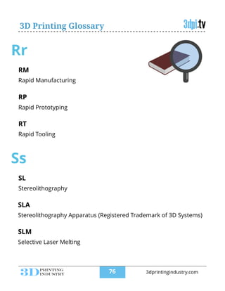 3D Printing Glossary
Rr
RM
!
Rapid Manufacturing
RP
!
Rapid Prototyping
RT
!
Rapid Tooling
Ss
SL
!
Stereolithography
SLA
!
Stereolithography Apparatus (Registered Trademark of 3D Systems)
SLM
!
Selective Laser Melting
!76 3dprintingindustry.com
 