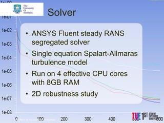04/07/2014 
© The University of Sheffield 
Solver 
•ANSYS Fluent steady RANS segregated solver 
•Single equation Spalart-Allmaras turbulence model 
•Run on 4 effective CPU cores with 8GB RAM 
•2D robustness study  