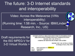The future: 3-D Internet standards and interoperability Video: Across the Metaverse (VWs interoperability) (Running time: ...