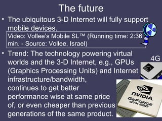 The future <ul><li>The ubiquitous 3-D Internet will fully support mobile devices. Video: Vollee’s Mobile SL™  (Running tim...