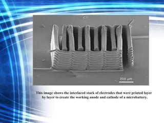 This image shows the interlaced stack of electrodes that were printed layer
by layer to create the working anode and cathode of a microbattery.
 