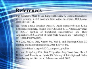 References
1. Carl Schubert, Mark C van Langeveld, Larry A Donoso.Innovations
in 3D printing: a 3D overview from optics to organs. Ophthalmol
2014;98:159–161.
2. Jea-Young Choi,a Sayantan Das,a N. David Theodore,b Inho Kim,c
Christiana Honsberg, Hyung Woo Choi,and T. L. Alforda,Advances
in 2D/3D Printing of Functional Nanomaterials and Their
Applications.ECS Journal of Solid State Science and Technology, 4
(4) P3001-P3009 (2015).
3. Wei Zhu, JinGyu Ock, Xuanyi Ma, Wei Li and Shaochen Chen. 3D
printing and nanomanufacturing. 2015 Elsevier Inc.
4. http://en.wikipedia.org/wiki/3D_computer_graphics
5. Ke Sun , Teng-Sing Wei , Bok Yeop Ahn , Jung Yoon Seo , Shen J.
Dillon , and Jennifer A. Lewis,3D Printing of Interdigitated Li-Ion
Microbattery Architectures , Advance material, 2013.
 