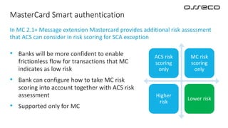 MasterCard Smart authentication
ACS risk
scoring
only
MC risk
scoring
only
Higher
risk
Lower risk
In MC 2.1+ Message extension Mastercard provides additional risk assessment
that ACS can consider in risk scoring for SCA exception
• Banks will be more confident to enable
frictionless flow for transactions that MC
indicates as low risk
• Bank can configure how to take MC risk
scoring into account together with ACS risk
assessment
• Supported only for MC
 