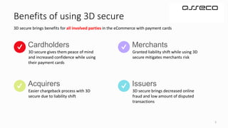 5
Benefits of using 3D secure
3D secure brings benefits for all involved parties in the eCommerce with payment cards
3D secure gives them peace of mind
and increased confidence while using
their payment cards
Cardholders
Easier chargeback process with 3D
secure due to liability shift
Acquirers
Granted liability shift while using 3D
secure mitigates merchants risk
Merchants
3D secure brings decreased online
fraud and low amount of disputed
transactions
Issuers
 