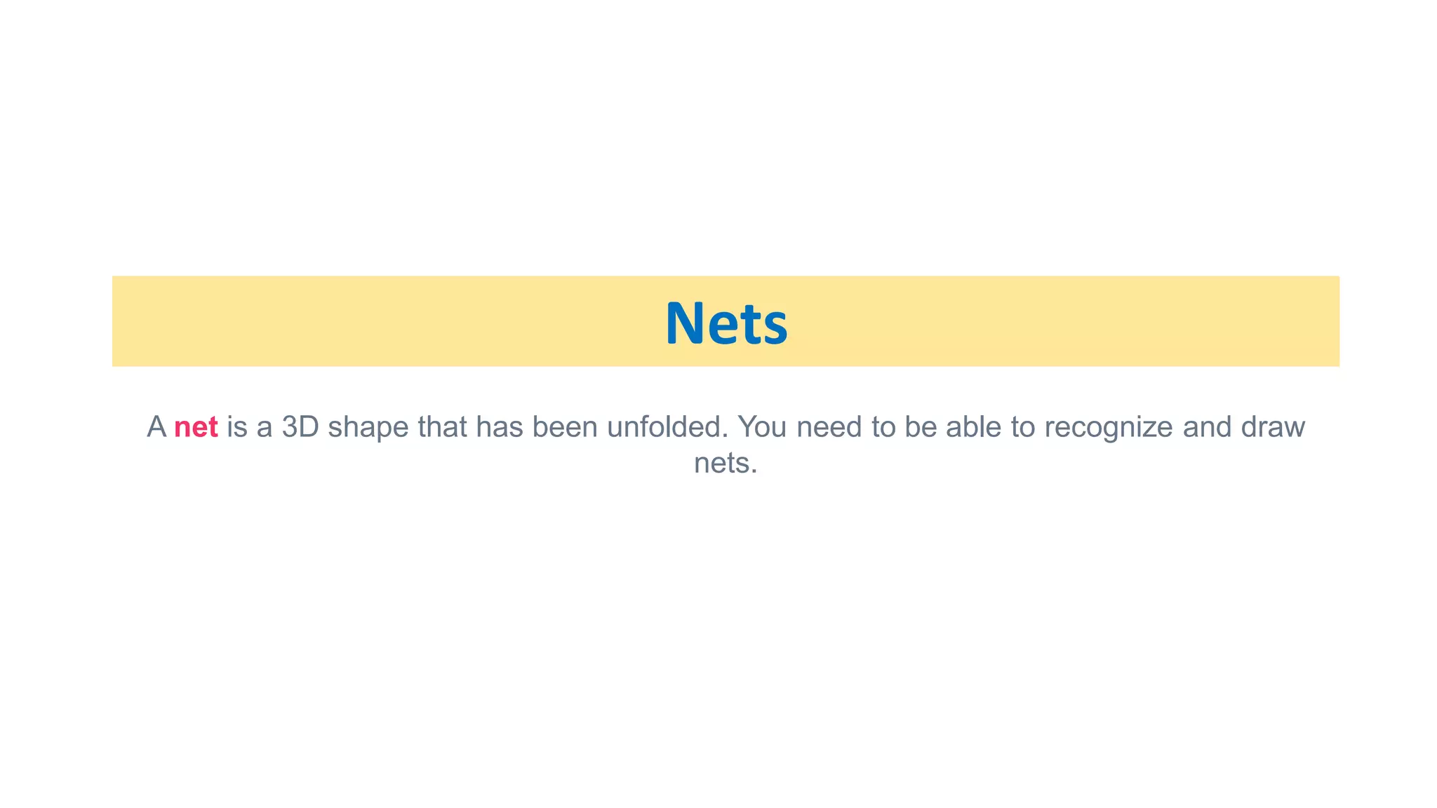 Nets
A net is a 3D shape that has been unfolded. You need to be able to recognize and draw
nets.
 