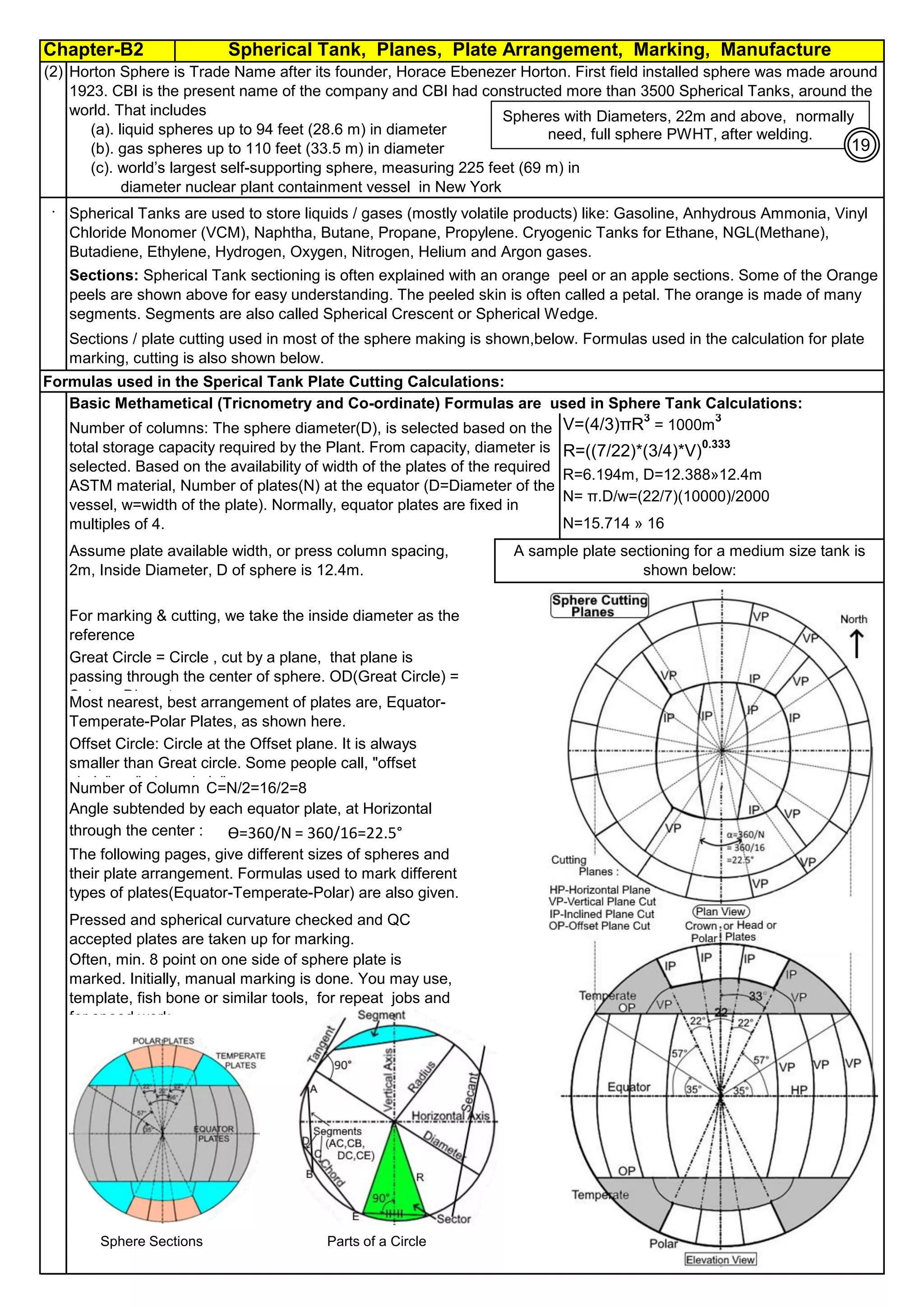Chapter-B2 Spherical Tank, Planes, Plate Arrangement, Marking, Manufacture
(2)
(3)
.
Formulas used in the Sperical Tank Plate Cutting Calculations:
Basic Methametical (Tricnometry and Co-ordinate) Formulas are used in Sphere Tank Calculations:
V=(4/3)πR3
= 1000m
3
R=((7/22)*(3/4)*V)0.333
R=6.194m, D=12.388»12.4m
N= π.D/w=(22/7)(10000)/2000
N=15.714 » 16
Number of Column (C)
C=N/2=16/2=8
through the center :
A sample plate sectioning for a medium size tank is
shown below:
Sections: Spherical Tank sectioning is often explained with an orange peel or an apple sections. Some of the Orange
peels are shown above for easy understanding. The peeled skin is often called a petal. The orange is made of many
segments. Segments are also called Spherical Crescent or Spherical Wedge.
Spherical Tanks are used to store liquids / gases (mostly volatile products) like: Gasoline, Anhydrous Ammonia, Vinyl
Chloride Monomer (VCM), Naphtha, Butane, Propane, Propylene. Cryogenic Tanks for Ethane, NGL(Methane),
Butadiene, Ethylene, Hydrogen, Oxygen, Nitrogen, Helium and Argon gases.
Sections / plate cutting used in most of the sphere making is shown,below. Formulas used in the calculation for plate
marking, cutting is also shown below.
Most nearest, best arrangement of plates are, Equator-
Temperate-Polar Plates, as shown here.
Offset Circle: Circle at the Offset plane. It is always
smaller than Great circle. Some people call, "offset
circle" as "minor circle".
Angle subtended by each equator plate, at Horizontal
plane,
Assume plate available width, or press column spacing,
2m, Inside Diameter, D of sphere is 12.4m.
Number of columns: The sphere diameter(D), is selected based on the
total storage capacity required by the Plant. From capacity, diameter is
selected. Based on the availability of width of the plates of the required
ASTM material, Number of plates(N) at the equator (D=Diameter of the
vessel, w=width of the plate). Normally, equator plates are fixed in
multiples of 4.
Horton Sphere is Trade Name after its founder, Horace Ebenezer Horton. First field installed sphere was made around
1923. CBI is the present name of the company and CBI had constructed more than 3500 Spherical Tanks, around the
world. That includes
(a). liquid spheres up to 94 feet (28.6 m) in diameter
(b). gas spheres up to 110 feet (33.5 m) in diameter
(c). world’s largest self-supporting sphere, measuring 225 feet (69 m) in
diameter nuclear plant containment vessel in New York
Great Circle = Circle , cut by a plane, that plane is
passing through the center of sphere. OD(Great Circle) =
Sphere Diameter
For marking & cutting, we take the inside diameter as the
reference
Often, min. 8 point on one side of sphere plate is
marked. Initially, manual marking is done. You may use,
template, fish bone or similar tools, for repeat jobs and
for speed work.
The following pages, give different sizes of spheres and
their plate arrangement. Formulas used to mark different
types of plates(Equator-Temperate-Polar) are also given.
Pressed and spherical curvature checked and QC
accepted plates are taken up for marking.
Sphere Sections
Spheres with Diameters, 22m and above, normally
need, full sphere PWHT, after welding.
Parts of a Circle
ϴ=360/N = 360/16=22.5°
19
 