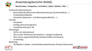 VorstellungAnwendungsbereiche WebGL
Technische Dokumentation:
- Beschreibende Dokumente (Betriebsanleitung, Servicehandbuc...
