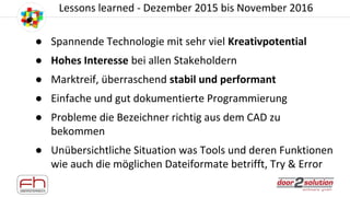Lessons learned - Dezember 2015 bis November 2016
● Spannende Technologie mit sehr viel Kreativpotential
● Hohes Interesse...