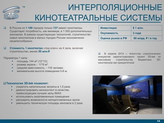 ИНТЕРПОЛЯЦИОННЫЕ
КИНОТЕАТРАЛЬНЫЕ СИСТЕМЫ
 В России из 1 100 городов только 137 имеют кинотеатры.
Существует потребность, как минимум, в 1 000 дополнительных
кинозалах. В рамках существующих технологий, строительство
новых кинотеатров в малых городах России экономически
нецелесообразно.
 Стоимость 1 кинотеатра «под ключ» на 4 зала, включая
строительство, менее 50 млн.₽
Параметры 1 зала:
 площадь 144 м2 (12*12):
 размер экрана - 11*6 м2
 средняя вместимость - 116 человек.
 минимальная высота помещения 5-6 м.
14
Инвестиции $ 1 млн.
Окупаемость 3 года
Оценка рынка в РФ 80 млрд. ₽ / в год
 В апреле 2014 г. Агентство стратегических
инициатив зарегистрировало проект 3D-tek по
массовому строительству бюджетных 3D-
кинотеатров как приоритетный
 Технологии 3D-tek позволят:
 сократить капитальные затраты в 1,5 раза
 демонстрировать киноконтент в качестве,
превосходящем лучшие залы IMAX
 использовать незатемненные помещения
 расширить возможности неподготовленных залов
 уменьшить техническую площадь кинозала в 2 раза
™
 