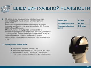 ШЛЕМ ВИРТУАЛЬНОЙ РЕАЛЬНОСТИ
 3D-tek на основе технологии оптической интерполяции
планирует создать персональный шлем виртуальной
реальности.
Наиболее современными и качественными проектами по
созданию подобных устройств являются Oculus Rift, Cinemizer
OLED и Project Morpheus.
Минимальный вес этих устройств составляет 300 г,
максимальное разрешение на один глаз: 960*1080, угол обзора:
110 градусов. На данный момент у пользователей и тестеров
приведенных выше устройств наблюдается плохое
самочувствие (головокружение, усталость глаз, головные боли
и т.д.)
 Преимущества шлема 3D-tek:
 небольшой вес (130 г против 300 г)
 Большее разрешение (1920*1080 против 960*1080)
 Больший угол обзора (180 против 110 градусов)
 Отсутствие негативных эффектов для пользователя
15
Инвестиции $ 2 млн.
Создание прототипа 4-6 мес.
Оценка глобального
рынка
$ 50 млрд.
™
 