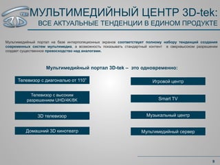 МУЛЬТИМЕДИЙНЫЙ ЦЕНТР 3D-tek:
ВСЕ АКТУАЛЬНЫЕ ТЕНДЕНЦИИ В ЕДИНОМ ПРОДУКТЕ
9
Мультимедийный портал на базе интерполяционных экранов соответствует полному набору тенденций создания
современных систем мультимедиа, а возможность показывать стандартный контент в сверхвысоком разрешении
создает существенное превосходство над аналогами.
Мультимедийный портал 3D-tek – это одновременно:
Телевизор c диагональю от 110”
Телевизор с высоким
разрешением UHD/4K/8K Smart TV
Домашний 3D кинотеатр
Музыкальный центр
Игровой центр
3D телевизор
Мультимедийный сервер
 