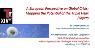 A European Perspective on Global Crisis:
Mapping the Potential of the Triple Helix
Players
Dr Dimitri CORPAKIS
Former European Commission official (Head of Unit),
XIV International Triple Helix Conference
Triple Helix Models of Innovation:
Addressing Ecosystem Challenges in the Era of Crises
Heidelberg, 25-27/9/2016
 