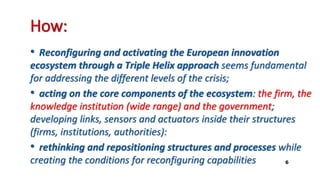 How:
• Reconfiguring and activating the European innovation
ecosystem through a Triple Helix approach seems fundamental
for addressing the different levels of the crisis;
• acting on the core components of the ecosystem: the firm, the
knowledge institution (wide range) and the government;
developing links, sensors and actuators inside their structures
(firms, institutions, authorities):
• rethinking and repositioning structures and processes while
creating the conditions for reconfiguring capabilities 6
 