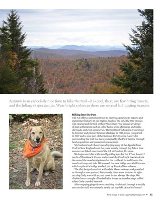 Find image at www.uppervalleyimage.com • 33
Hiking into the Past
The AT offers a convenient way to exercise, get close to nature, and
experience history. In our region, much of the land the trail crosses
was cleared and farmed in the 19th century. You can see evidence
of past settlements such as cellar holes, stone chimneys and walls,
old roads, and even cemeteries. The trail itself is historic. Conceived
by forester and planner Benton MacKaye in 1921, it was completed
in 1937 and is now part of the National Park System. A corridor
surrounding the trail has been protected by the Park Service through
land acquisition and conservation easement.
My husband and I have been chipping away at the Appalachian
Trail in New England over the years, mostly through day hikes. Last
summer we hiked a section of the AT in Pomfret, Vermont.
We began our hike at the small parking area for the AT on Route 12
north of Woodstock. Poems and artwork by Pomfret School students
decorated the wooden signboard at the trailhead, in addition to the
usual trail map and info. We crossed the new bridge over Gulf Stream,
which replaced a bridge washed out by Tropical Storm Irene.
The dirt footpath marked with white blazes on trees and posts led
us through a cow pasture. Fortunately, there were no cows in sight;
our dog Cody was with us, and cows do not always like dogs. We
climbed over a couple of barbed wire fences on wooden steps called
stiles; Cody crawled beneath.
After stepping gingerly over a rushing rivulet and through a muddy
area on the trail, we entered a newly cut hayfield. A stack of round
Autumn is an especially nice time to hike the trail—it is cool, there are few biting insects,
and the foliage is spectacular. Wear bright colors as there are several fall hunting seasons.
											
 