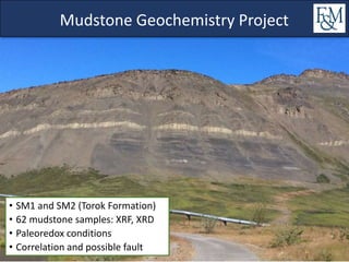 Mudstone Geochemistry Project
• SM1 and SM2 (Torok Formation)
• 62 mudstone samples: XRF, XRD
• Paleoredox conditions
• Correlation and possible fault
 